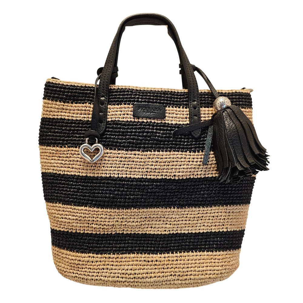 Brighton Ferrara Straw Tote Bag Black Tan Striped Leather Tassel Heart Charm